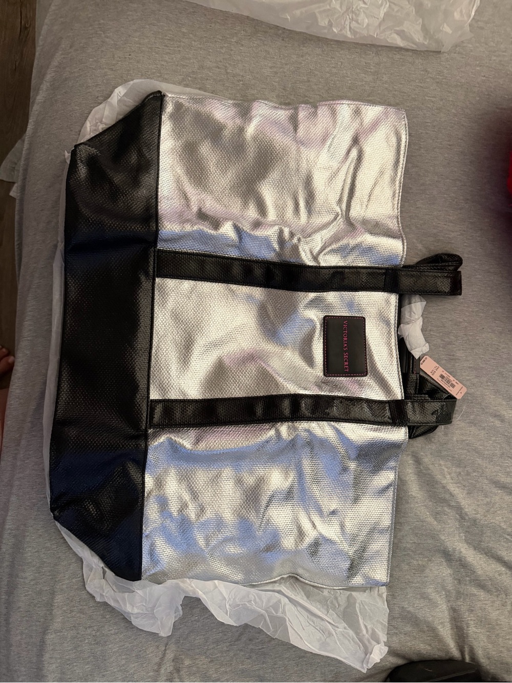 Victoria Secret Silver and Black Tote Bag with Logo Patch